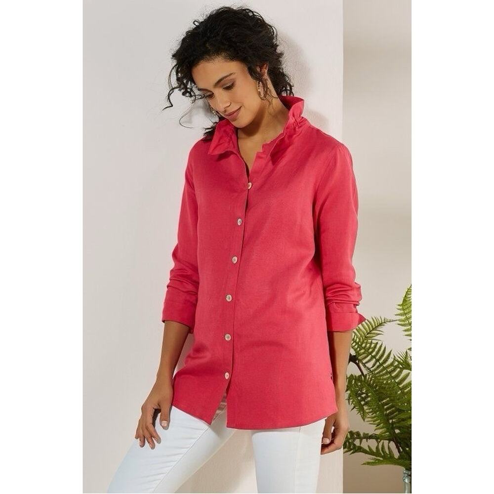 Soft Surroundings Sz XS Galina Coral Pink Tunic Top Buttons Collared Linen Blend